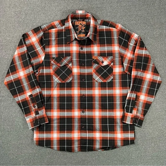 Dixxon Flannel x Bucky Lasek Orange White Black Plaid Button Down Men’s Large - Picture 2 of 9